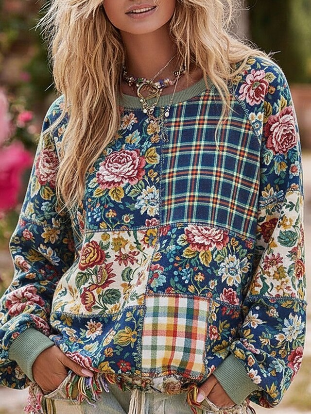 Women's Pullover Sweatshirts Floral Vintage Streetwear Classic Long Sleeve Crew Neck Round Neck Regular Tops Dailywear Casual Print Blue Spring Fall4