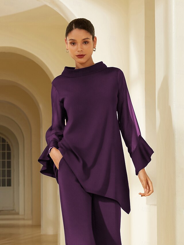 Women's Blouse Wine Red Solid Chiffon Tencel Roma Patchwork Ruffle 3/4 Sleeve Stand Collar Casual Elegant Spring Summer Fall 优化解析：4