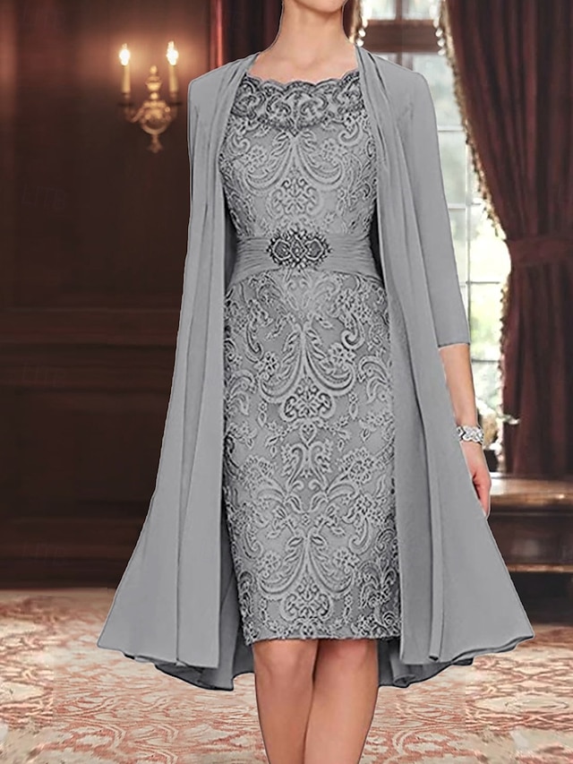  Rochie pentru mama miresei elegantă simplă gât rotund lungime până la genunchi poliester mânecă lungă cu o singură culoare rochie de absolvire