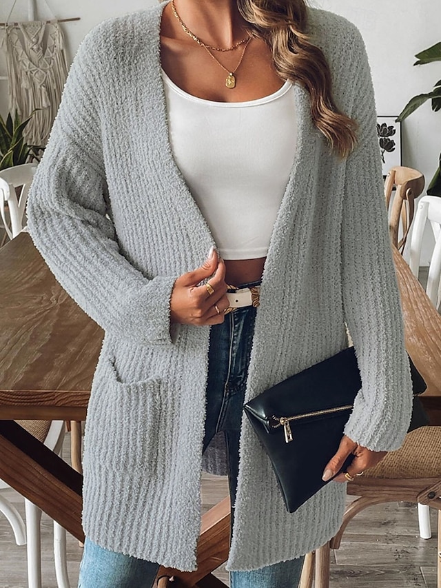  Жен. Вязаная ткань Кардиган Уличный стиль На каждый день Сплошной цвет Открытый перед Карман Трикотаж Длинный рукав Обычные топы Вязать Повседневные На выход выходные Черный Белый Осень Зима