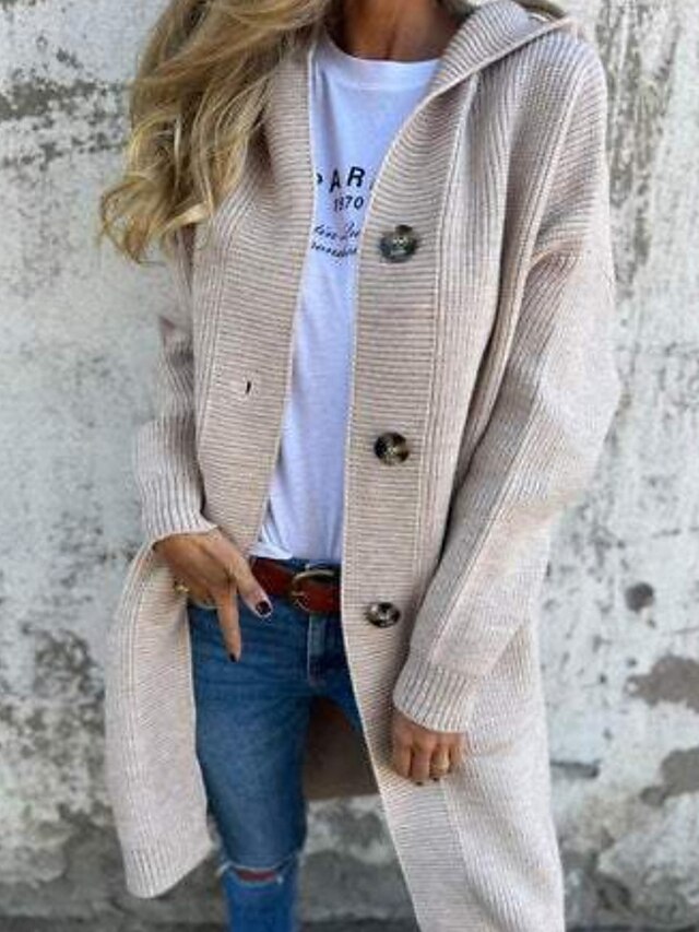  Damen Pullover Strickjacke Streetwear Lässig Einfarbig Mit Kapuze Tasche Knöpfe Gestrickt Langarm Lange Oberteile Stricken Täglich Ausgehen Wochenende Schwarz Gelb Herbst Winter