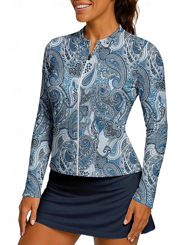 Women's Paisley Sport Shirt Tennis Shirt Tennis Top Long Sleeve Zipper Floral UPF50+ UV Resistant High Elasticity Moisture Wicking Breathable Volleyball Tennis Golf Stand Collar Zip Collar Shirt4