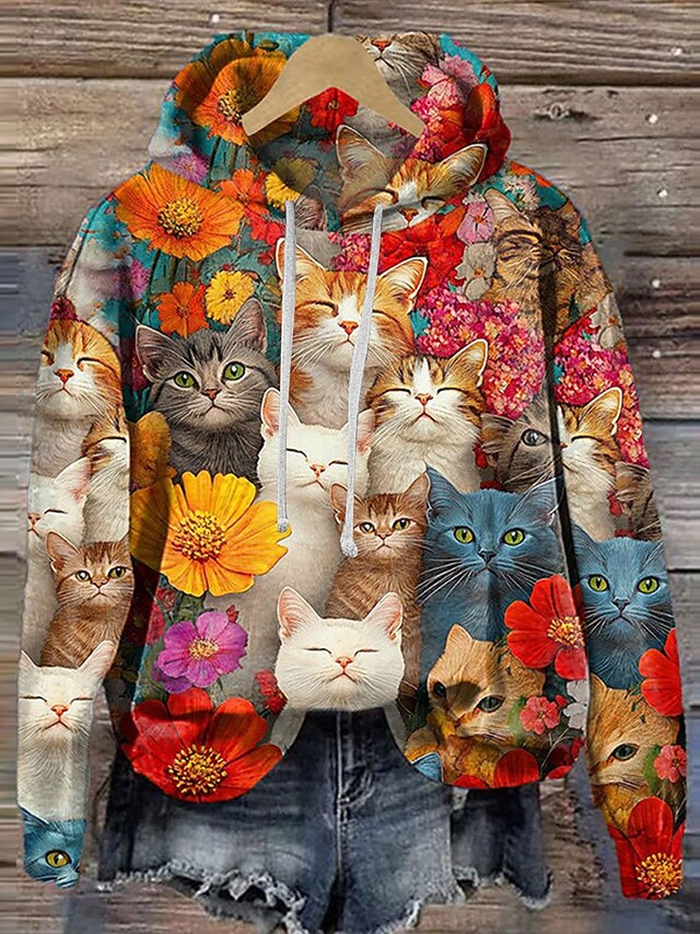 Women's Pullover Hoodie Sweatshirt Graphic Cat Warm Vintage Fashion Long Sleeve Hooded Regular Tops Street Dailywear Casual Patchwork Print Red Purple Spring Fall Winter3