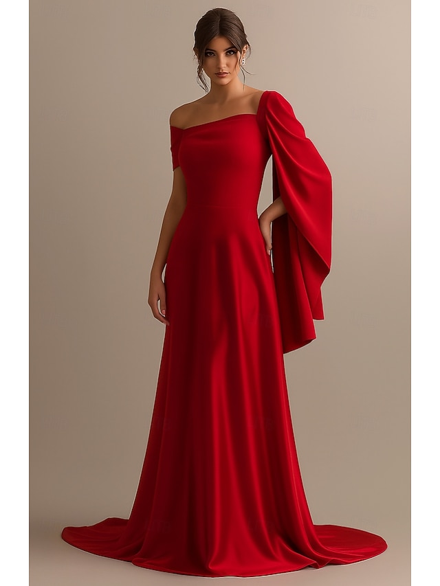  A-Linie Abendkleid Elegant Formelle Kleidung Formell Hochzeit Bodenlang Dreiviertelarm Schulterfrei Tasche Stretch Satin mit Gerafft 2025