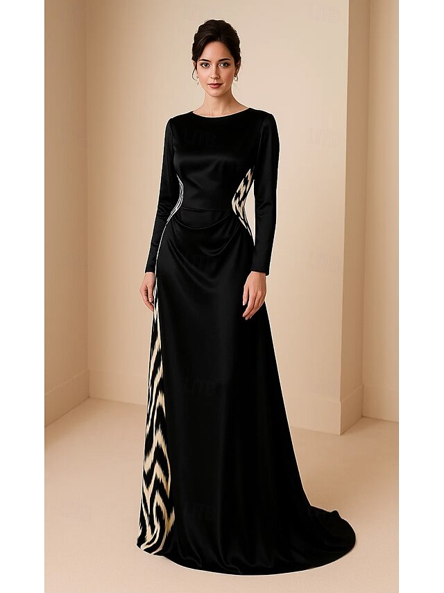 Black Leopard Print Sheath / Column Evening Gown Elegant Formal Dress Formal Wedding Sweep / Brush Train Long Sleeve Boat Neck Satin with Ruched Print 20254