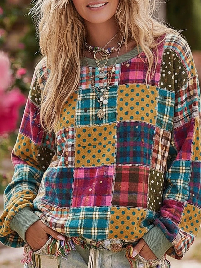 Women's Pullover Hoodies Floral Plaid Vintage Streetwear Casual Long Sleeve Crew Neck Hooded Regular Tops Dailywear Casual Drawstring Patchwork Print Yellow Spring Fall4