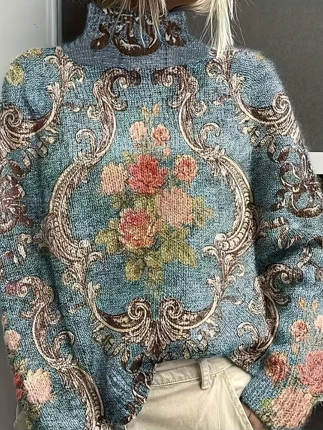 Women's Sweater Elegant Fashion Streetwear Floral Paisley Turtleneck Floral Knitted Long Sleeve Regular Tops Knit Work Going out Blue Purple Fall Winter2