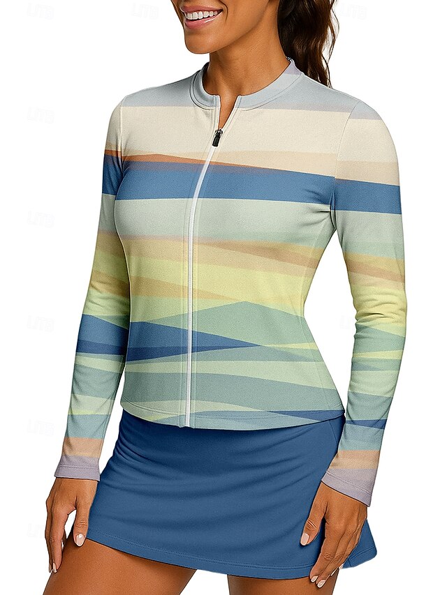 Women's Geometric Gradient Sport Shirt Tennis Shirt Tennis Top Long Sleeve Zipper Floral UPF50+ UV Resistant High Elasticity Moisture Wicking Breathable Volleyball Tennis Golf Crew Neck Stand Collar4