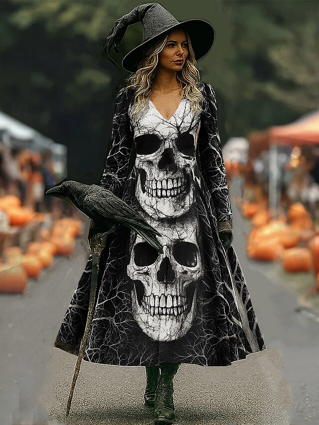 Halloween Women's Maxi Dress A Line Dress Vacation Casual Boho Beach Regular Fit Graphic Skull Bull Long Sleeve V Neck Black Wine Dark Grey Spring Fall4
