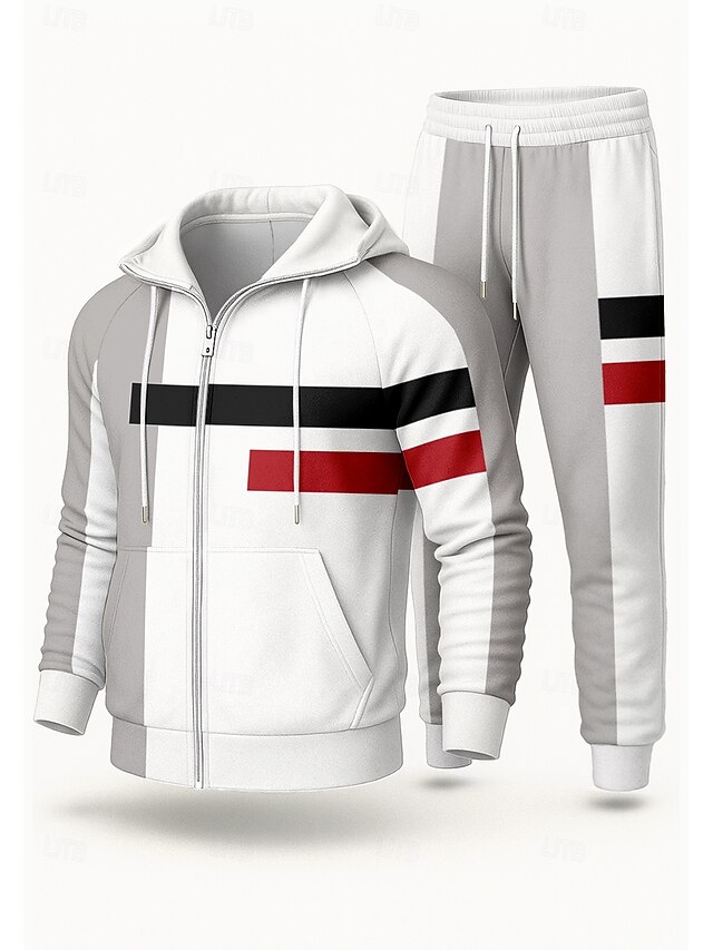 Christmas Men's Hoodie Tracksuit 2 Piece Tracksuit Drawstring Zip Up Geometric Clothing Suit Fall Red Vocation Outdoor Travel Lightweight Fashion Long Sleeve Sport Activewear Stretchy Regular Fit4