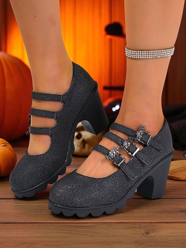  Escarpins Mary Jane à talons épais pour femme, chaussures de soirée gothiques noires avec brides à boucle chauve-souris, pour déguisement, soirée et cosplay.