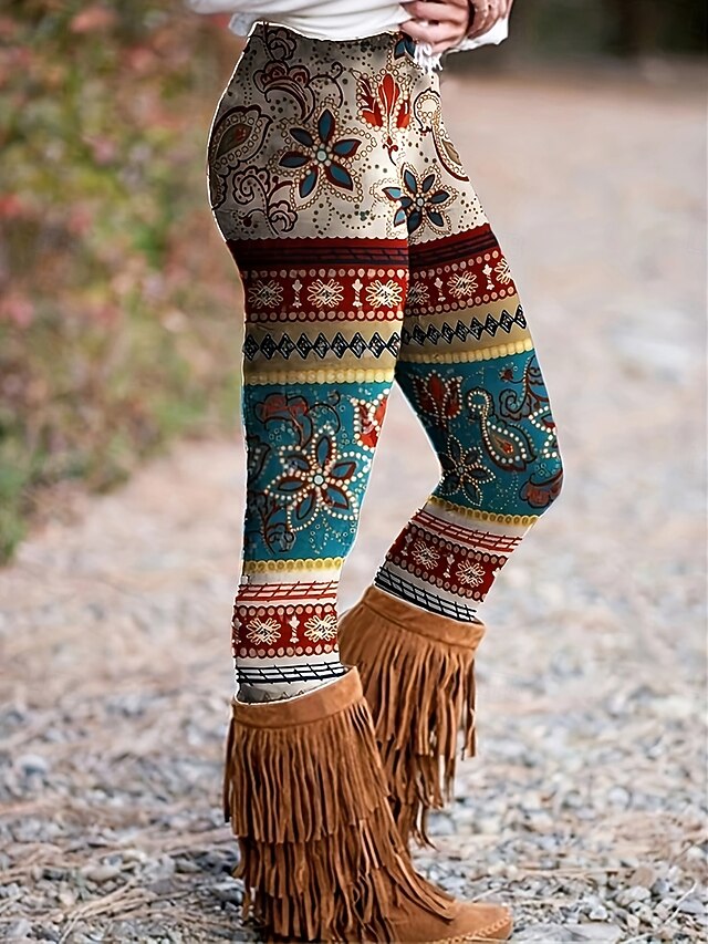 Women's Slacks Leggings Cozy Leggings Vacation Vintage Streetwear Full Length Natural Graphic Geometric Paisley Elastic Waist Print Comfy Outdoor Comfortable High Elasticity Outdoor Vacation Street4