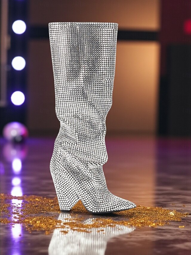  stivali alti fino al ginocchio con strass da donna, con punta affilata e tacco grosso, calzature scintillanti in stile slouchy per feste in città a Natale e Capodanno