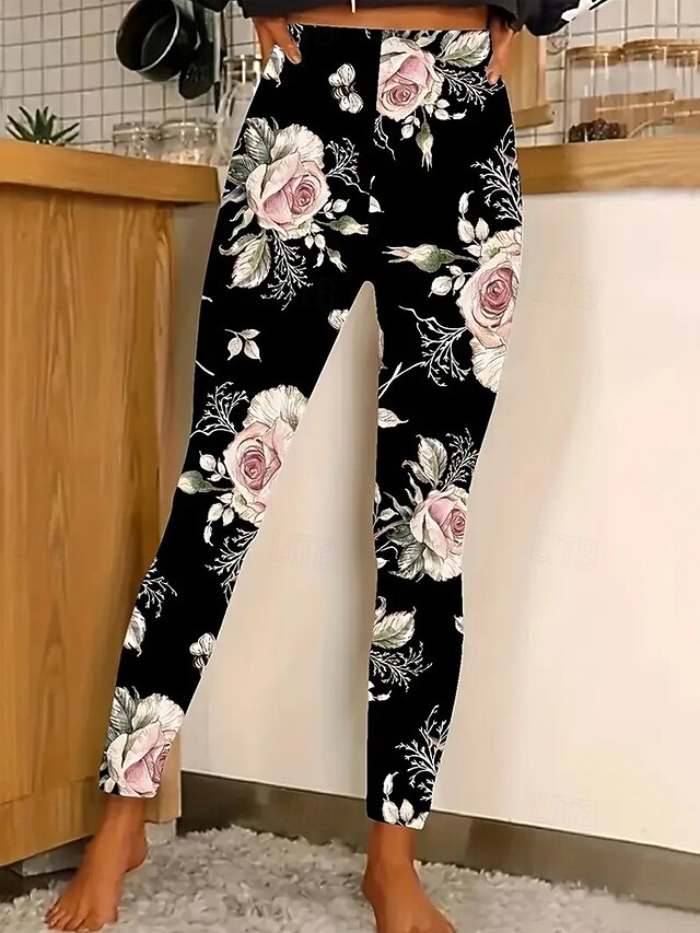 Women's Leggings Cozy Leggings Fashion Basic Casual Full Length High Waist Floral Printing Thermal Warm Comfortable Stretchy Vacation Casual Daily Black Spring Fall Slim Fit4