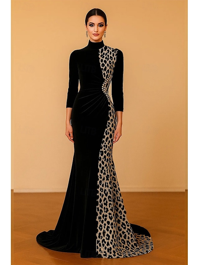  Robe de soirée sirène/trompette en velours extensible noir à imprimé léopard, élégante robe de soirée formelle, traîne de balayage/pinceau, manches 3/4, col haut avec perles froncées 2025