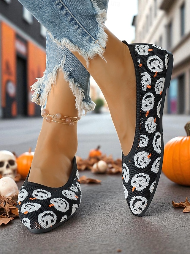  レディース ハロウィン ゴースト柄 ニット バレエ フラットシューズ - 休日やストリートスタイルにぴったりの軽量ポインテッドシューズ