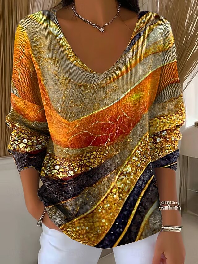 Women's Sweater Elegant Fashion Streetwear Floral Graphic V Neck Knitted Long Sleeve Regular Tops Knit Weekend Yellow Ginger Fall Winter4