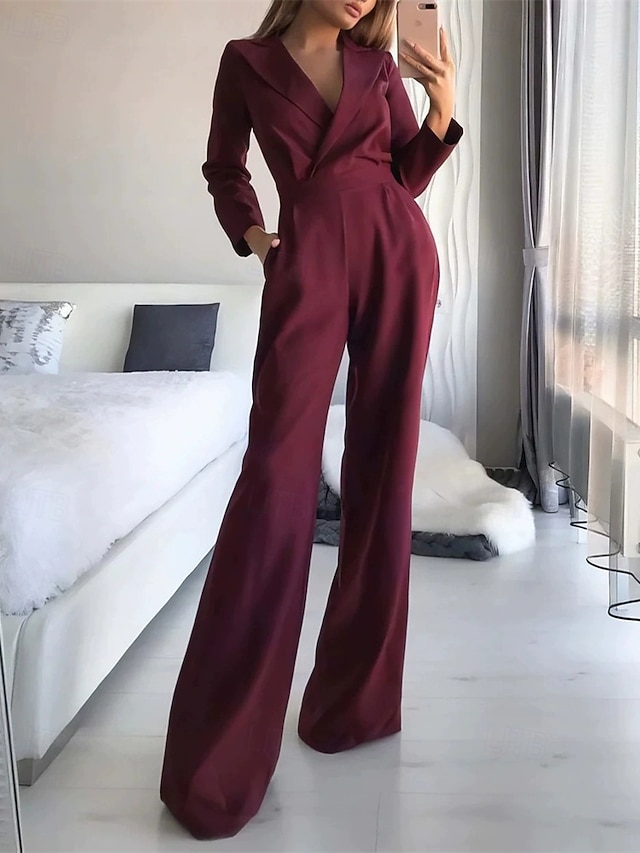  Női Szabályos Jumpsuitek Utcai sikk Tömör szín Hosszú ujj V-alakú Zseb Utca Napi Normál Fekete Fehér Bor Nyár