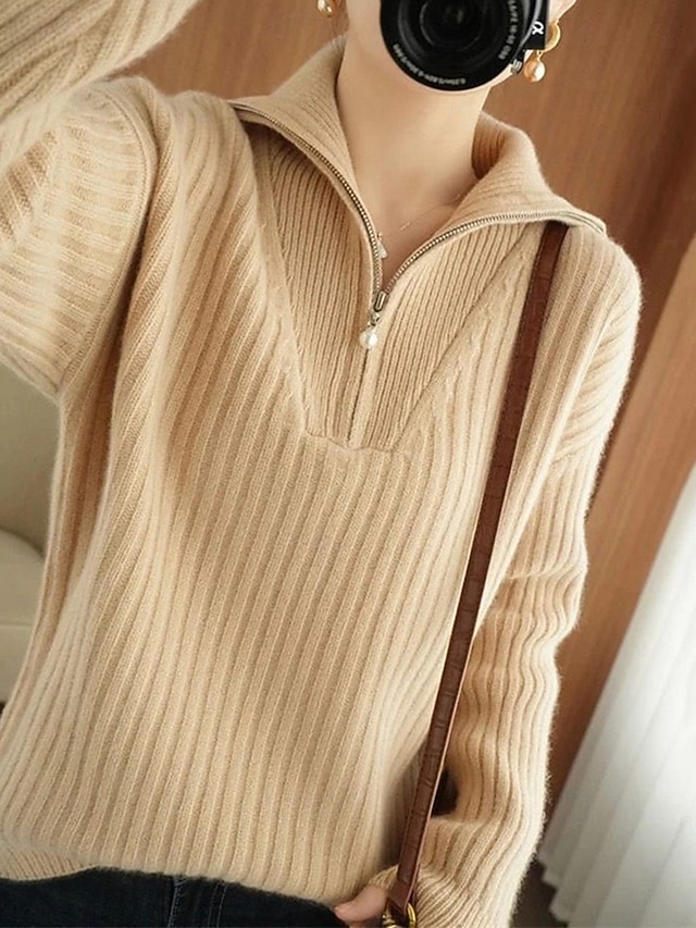  Damen Pullover Mode Basic Lässig Einfarbig Gerippt Halber Reißverschluss Reißverschluss Gestrickt Langarm Normale Oberteile Stricken Outdoor Täglich Wochenende Khaki Herbst Winter