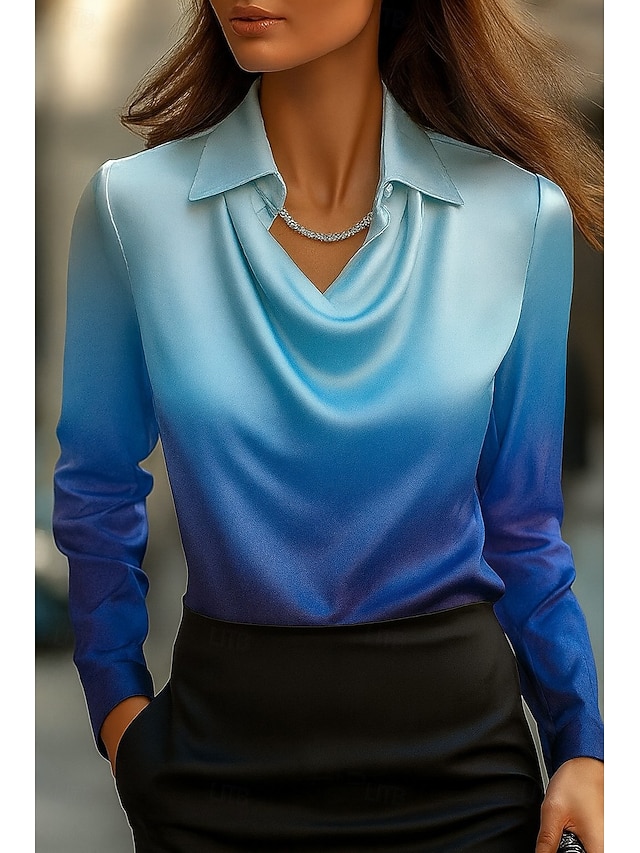  Damen Hemd Ombre Grafik Geometrisch Elegant Stilvoll Modern Langarm Wasserfallausschnitt Normale Oberteile Arbeit Party-Abendmode Täglich Gerafft Drapiert Weiß und Blau Blau Violett Frühling Herbst