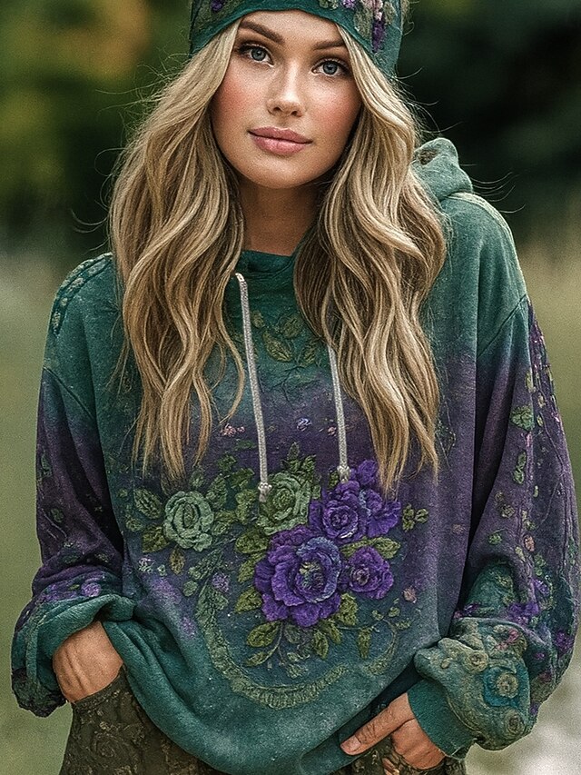 Women's Pullover Hoodie Sweatshirt Floral Graphic Elegant Warm Active Long Sleeve Hooded Regular Tops Street Dailywear Casual Patchwork Print Light Purple Spring Fall Winter2