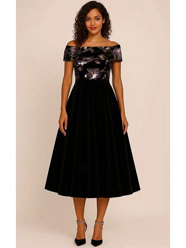 A-Line Floral Sequin Lace Cocktail Dresses Stretch Velvet Elegant Formal Dress Formal Wedding Tea Length Sleeveless Off Shoulder Sequined with Appliques 20254