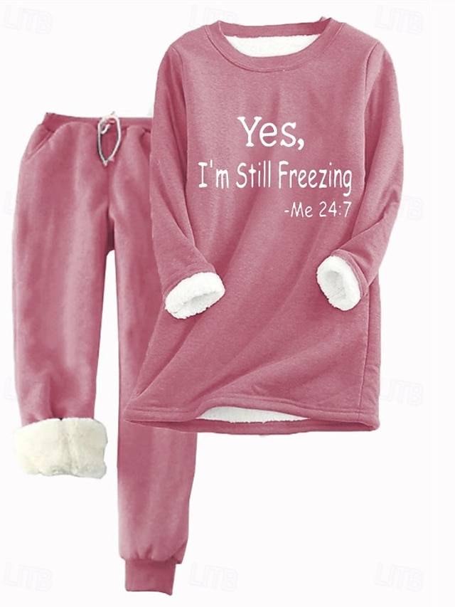  Dames Elegant Warm Modieus Tweedelige sets Trainingspak Broeken Sets Lange mouw Bisschop Strakke ronde hals Grafisch Brief Afdrukken Buiten Vakantie Casual Blozend Roze Donker Roze blauw Herfst