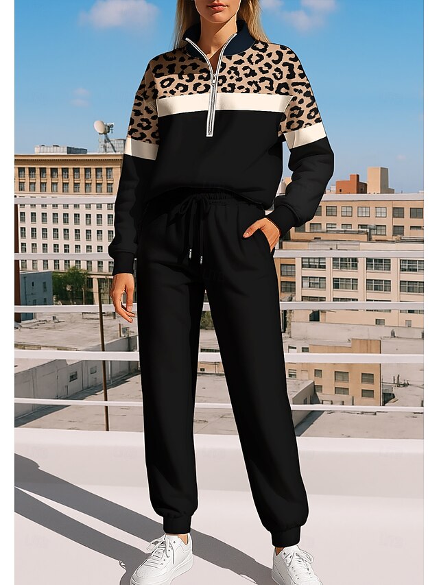 Women's Sweatshirt Tracksuit Sweatsuit Drawstring Zipper Leopard Jacket and Sweatpants Athletic Clothing Set Spring Black with White Casual Workout Outdoor Soft Baggy Long Sleeve Sport Activewear4