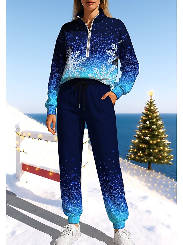 Christmas Women's Sweatshirt Tracksuit Sweatsuit Drawstring Zipper Color Gradient Jacket and Sweatpants Athletic Clothing Set Spring Dark Navy Casual Workout Outdoor Soft Baggy Long Sleeve Sport4