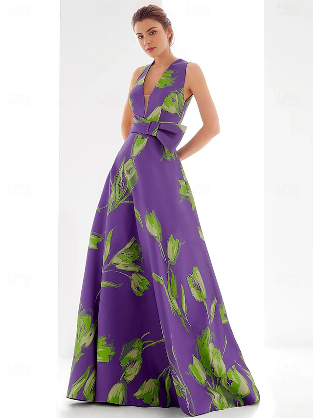 A-Line Evening Gown Elegant Dress Formal Floor Length Sleeveless V Neck Satin with Floral Print Bow(s) Wedding Guest Dress 5