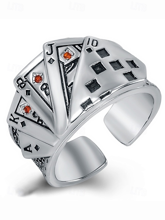  Pánský pokerový prsten z lehké slitiny – nastavitelný pásek s vintage designem hracích karet, vhodný pro gotický, punkový styl, párty a běžné nošení