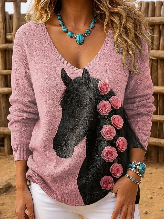 Women's Sweater Pullover Fashion Streetwear Casual Graphic Animal V Neck Oversized Knitted Long Sleeve Regular Tops Knit Outdoor Daily Pink Spring Fall4
