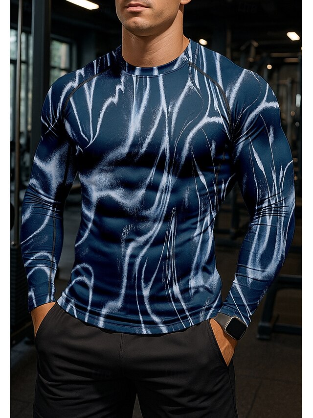  Per uomo Maglia a compressione Maglia da corsa Stampa 3D Manica Lunga Livello Base A righe Asciugatura Rapida Compressione Elasticizzato Traspirante Allenamento in Palestra Allenamento attivo