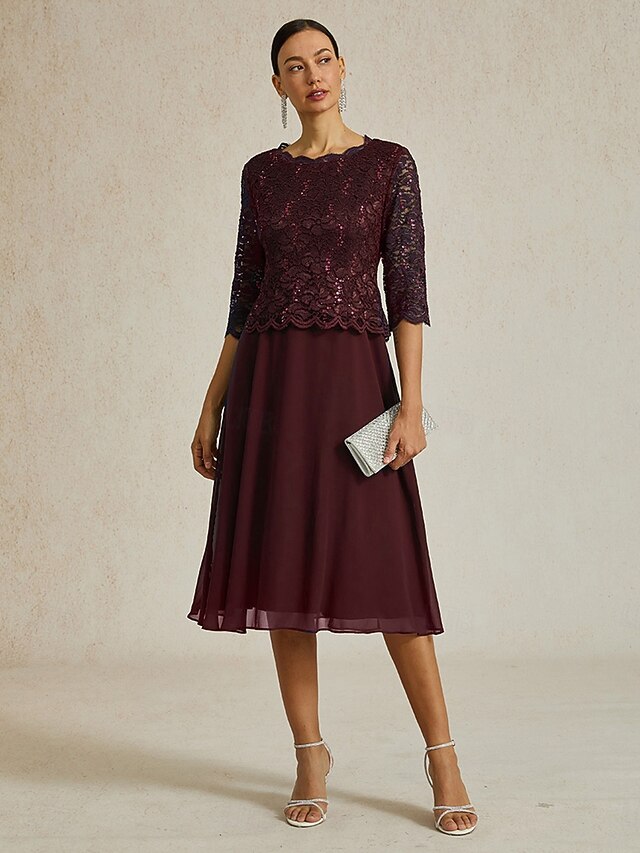 Women's Midi Dress A Line Dress Elegant Wedding Guest Evening Party Regular Fit Solid Color 3/4 Length Sleeve Crew Neck Wine Spring Fall Winter4