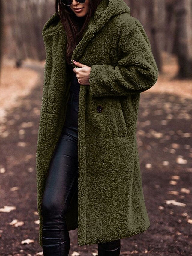 Women's Winter Coat Fleece Jacket Warm Comfortable Pocket Buttons Fashion Casual Plain Vacation Street Casual Daily Wear Single Breasted Long Hooded Regular Fit Long Sleeve Outerwear Army Green Fall4