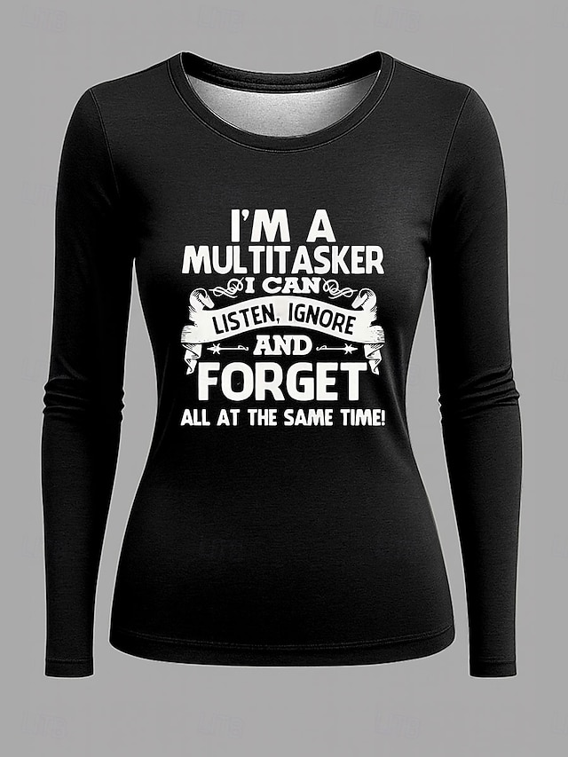  Dámské Tričko Grafika Písmeno Vinobraní Módní stylové Dlouhý rukáv Tričkový Kulatý Běžné topy Denní Víkend Tisk Černá Rubínově červená Vodní modrá Šedá Jaro Podzim