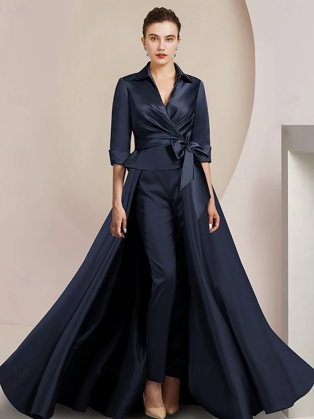 Two Piece Pantsuit Mother of the Bride Formal Wedding Guest Elegant Shirt Collar Ankle Length Satin Half Sleeve with Bow(s) 10