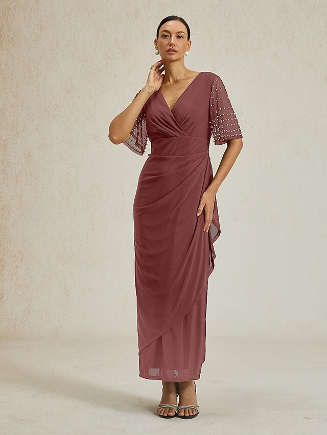 Women's Maxi Dress Sheath Dress Elegant Solid Color Short Sleeve V Neck Dark Pink Summer Spring Fall4