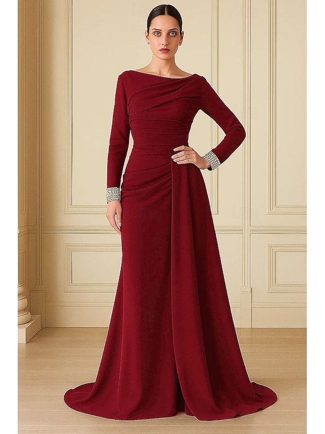  Meerjungfrauenschnitt Abendkleid Elegant Formelle Kleidung Formell Hochzeit Bodenlange Schleppe Langarm U-Boot-Ausschnitt Stretch-Crêpe mit Falten 2025