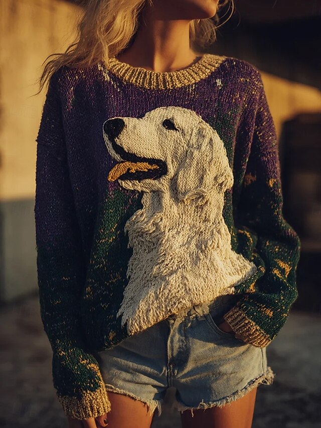 Women's Sweater Pullover Golden Retriever Daily Casual Graphic Animal Ribbed Crew Neck Knitted Print Long Sleeve Regular Tops Knit Outdoor Weekend Purple Fall Winter4