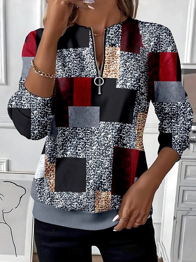 Women's Pullover Sweatshirt Zip Up Sweatshirts Graphic Geometric Color Block Fashion Casual Long Sleeve Crew Neck Regular Tops Street Dailywear Patchwork Zipper Print Dark Gray Fall Winter4