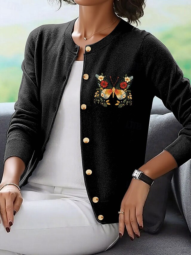 Women's Cardigan Elegant Vintage Daily Graphic Butterfly Ribbed Crew Neck Buttons Knitted Long Sleeve Regular Tops Knit Outdoor Home Work Black Red Spring Fall4