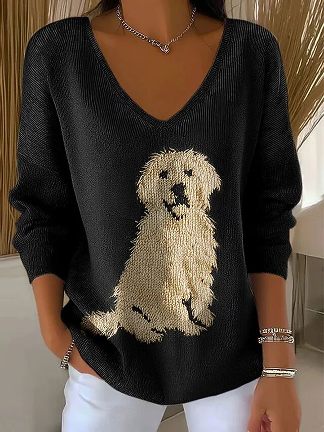Women's Sweater Pullover Golden Retriever Fashion Streetwear Casual Graphic Animal V Neck Oversized Knitted Long Sleeve Regular Tops Knit Outdoor Daily Black Spring Fall4