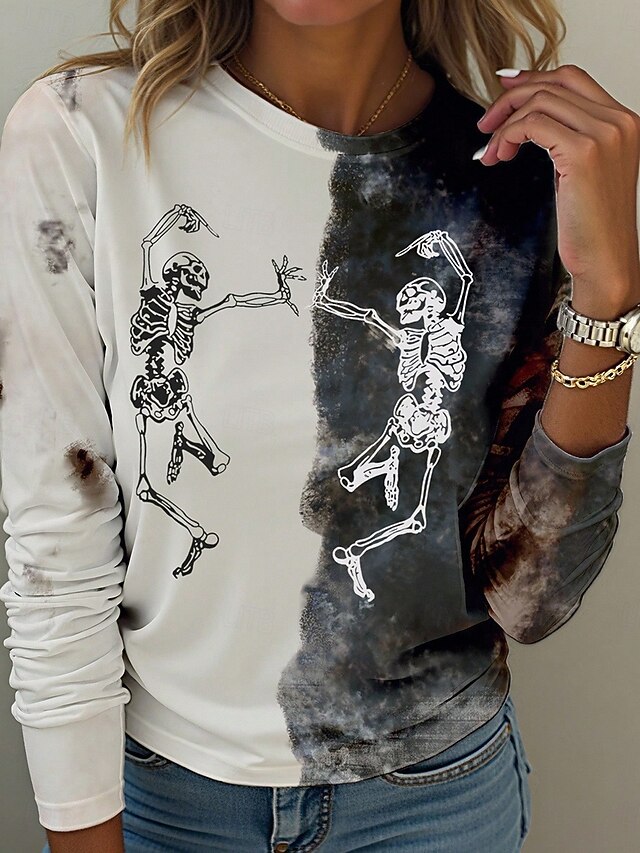 Women's T shirt Tee Print Halloween Casual Long Sleeve Crew Neck Khaki Spring & Fall