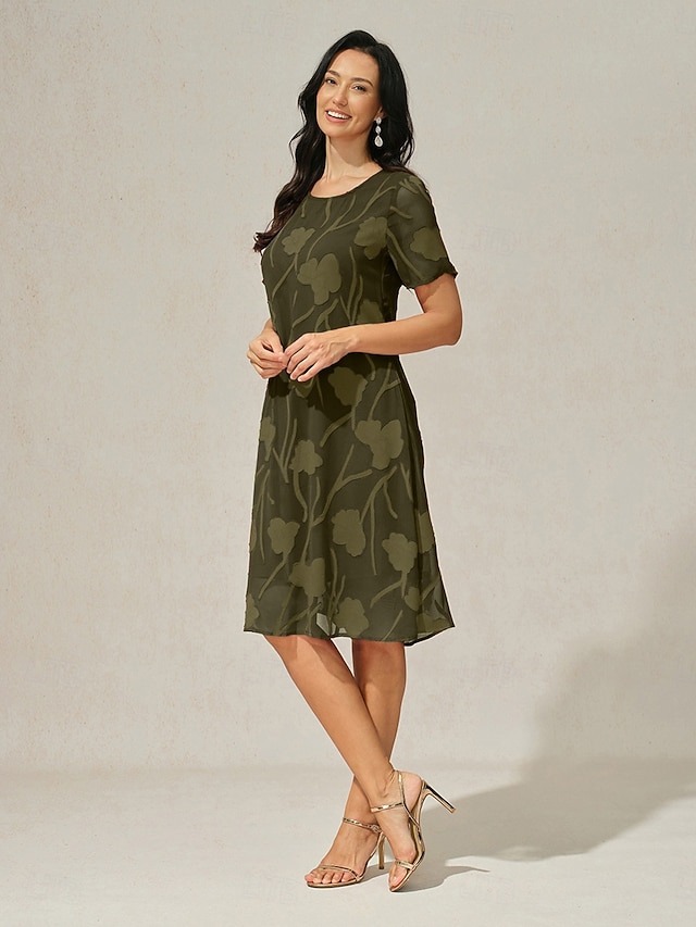  Women's Knee Length Dress Chiffon Dress Elegant Casual Loose Fit Floral Short Sleeve Crew Neck Olive Summer