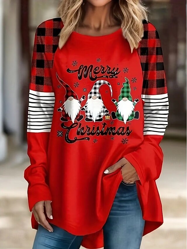 Christmas Women's T Shirt Graphic Santa Claus Geometry Vintage Stylish Classic Long Sleeve Crew Neck Long Tops Daily Going out Weekend Print Red Blue Spring Fall Winter4