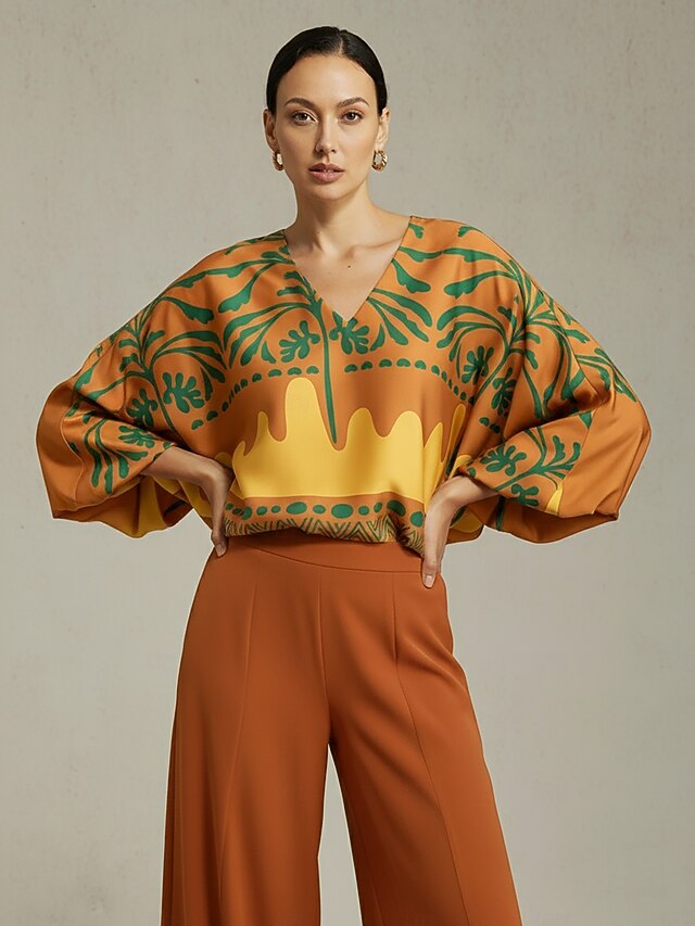 Women's Top Satin Khaki Floral Vacation Print Lantern Sleeve V Neck Spring Autumn Casual4