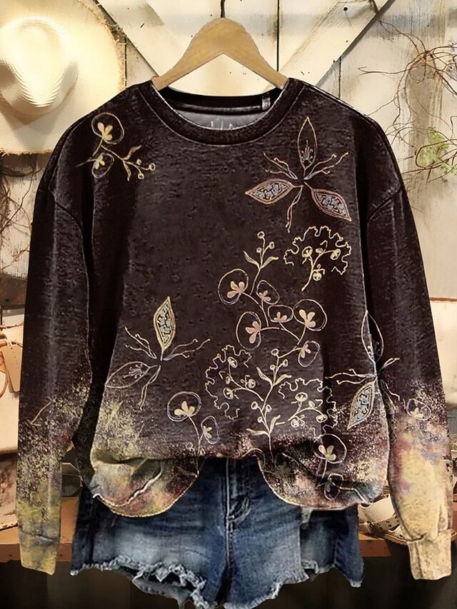 Women's Pullover Sweatshirt Floral Graphic Casual Long Sleeve Crew Neck Regular Tops Home Work Street Brown Spring Fall Winter2