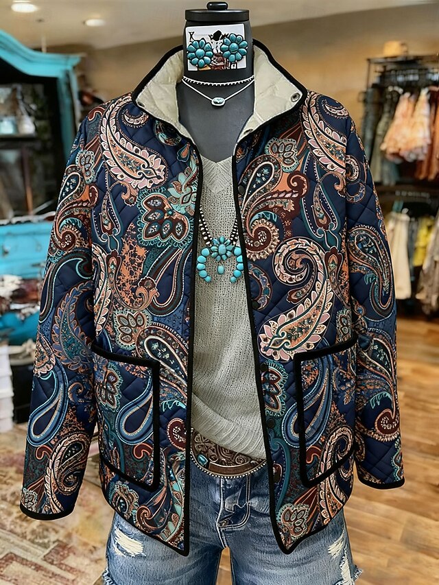 Women's Winter Jacket Quilted Jacket Warm Lightweight Buttons Print Active Vintage Artistic Casual Floral Casual Regular Stand Collar Regular Fit Long Sleeve Outerwear Navy Blue Fall Winter4