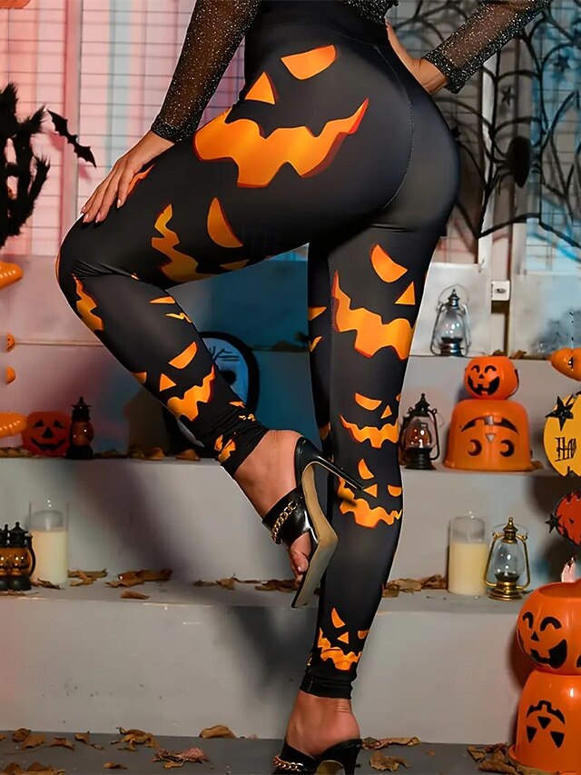 Women's Leggings Cozy Leggings Vacation Casual Full Length High WaistPantsHalloween Graphic Printing Thermal Warm Comfortable Stretchy Vacation Casual Daily Orange Fall Winter Slim Fit4